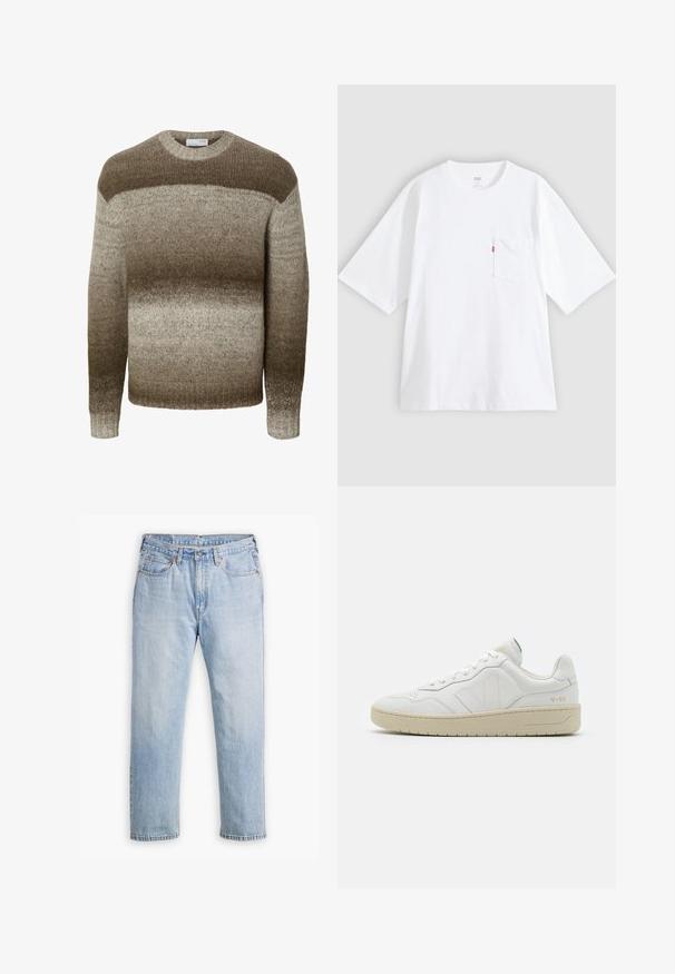 Jersey de punto de manga larga con cuello redondo que presenta rayas horizontales en degradado en tonos marrones y beige.; Camiseta blanca de algodón con mangas cortas, cuello redondo y bolsillo en el pecho izquierdo. Presenta una pequeña etiqueta con logo rojo en el bolsillo.; Jeans de mezclilla azul claro con un diseño de pierna recta, estilo de cinco bolsillos y costuras en contraste. Cierre de botón y cremallera en la cintura.; Zapatillas blancas de cuero con un acabado texturizado y cuello acolchado. Cuentan con una suela de goma beige y un sutil logotipo en el talón y el lado.