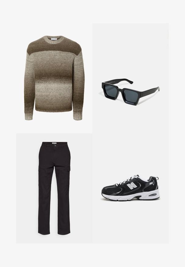 Pull en tricot à manches longues avec col rond présentant des rayures horizontales dégradées dans des tons bruns et beiges.; Pantalons cargo noirs avec une coupe droite, comportant des poches latérales, une fermeture boutonnée et un tissu en coton robuste.; Baskets de sport noires et grises avec un tige en mesh et en suède, présentant une semelle intermédiaire blanche, des lacets et un logo "N" audacieux sur le côté.; Lunettes de soleil rectangulaires noires avec des verres foncés. Monture en plastique épaisse et lisse avec une finition légèrement brillante et des branches droites.