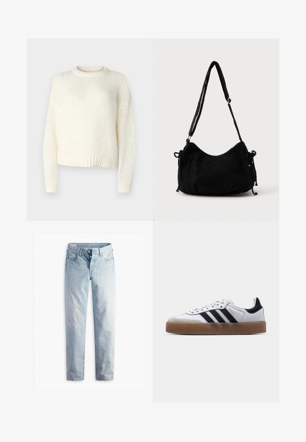 Lettet, strikket cremesweater med lange ærmer, rund halsudskæring og ribkant. Tekstureret stof med en løs, afslappet pasform.; Lyseblå denimjeans med lige ben, fem lommer og metal-knapper i en standard livvidde.; Hvide lædersneakers med sorte striber, gummirubber sål, rund tå, snørelukning og blød grå ruskinds tåhætte.; Sort kordfløjls skuldertaske med en buet form, justerbar strop og snorelukninger på begge sider til størrelsejustering.