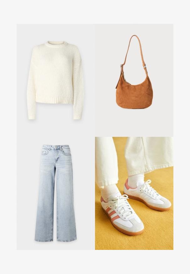 Pull léger en tricot crème, avec des manches longues, un col rond et un ourlet côtelé. Tissu texturé avec une coupe ample et décontractée.; Jean bleu clair taille haute à jambes larges avec fermeture par bouton et zip, poches avant et arrière, présenté sur fond blanc uni.; Baskets blanches avec des accents roses, en matériaux de daim et de cuir, à bout rond et semelle en caoutchouc, présentées avec des chaussettes claires sur un fond jaune.; Sac à main en daim beige avec un design incurvé, une bandoulière ajustable, une fermeture éclair en métal et un détail de logo embossé à l'avant.