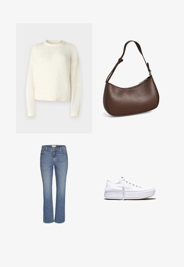 Pull léger en tricot crème, avec des manches longues, un col rond et un ourlet côtelé. Tissu texturé avec une coupe ample et décontractée.; Jeans en denim bleu moyen, coupe droite, avec fermeture à boutons et à glissière à l'avant, passants de ceinture, et poches avant et arrière.; Baskets basses blanches en toile avec semelle plateforme épaisse, lacets sur le devant et embout en caoutchouc texturé, vues de profil.; Petit sac bandoulière en cuir marron avec sangle réglable et fermeture éclair, présenté sur fond blanc. Aucun logo ou décoration visible.