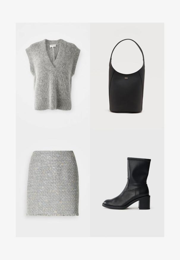 Gilet sans manches en maille grise douce et duveteuse avec un col en V profond et des épaules larges, posé à plat sur un fond blanc.; Mini-jupe en tweed tissé gris et beige avec une coupe droite et un ourlet frangé sur fond blanc uni.; Botte en cuir noir à cheville avec un bout rond, texture lisse et un talon épais, présentant un tige ajustée et un subtil détail de couture.; Sac seau en cuir noir avec une seule bandoulière et un petit logo BOSS doré centré près du haut à l'avant.