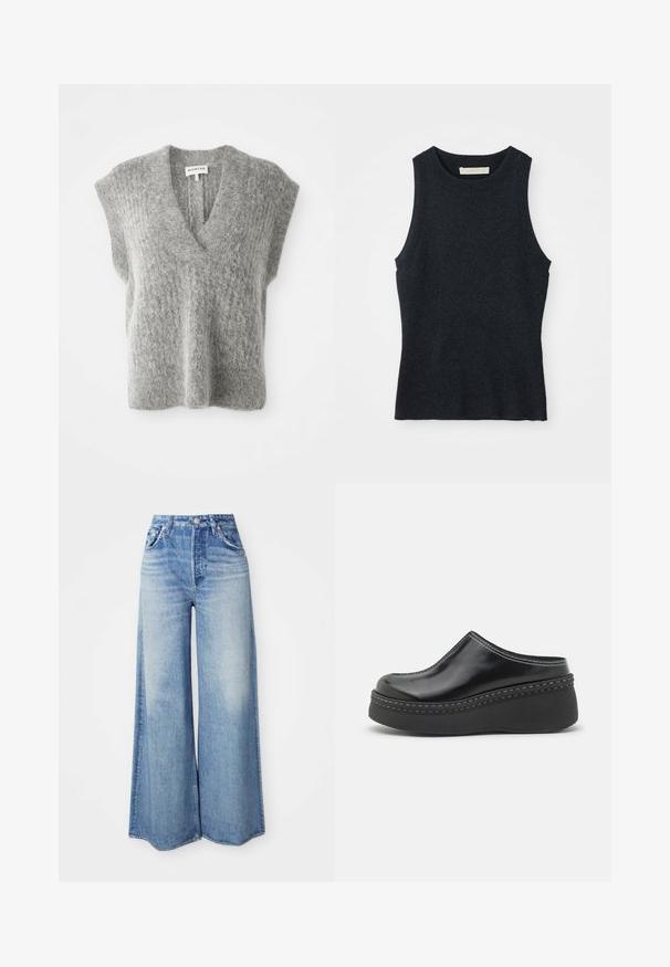 Zachte grijze fuzzy gebreide mouwloze trui zonder mouwen met diepe V-hals en brede schouders, plat liggend op een witte achtergrond.; Mouwloze donkergrijze gebreide tanktop met ronde hals, plat gelegd op een witte achtergrond.; Wijdellige jeans van lichtblauwe denim, met een hoge taille, vijf-pocket ontwerp, vervaagde wassing en rafelige zoom.; Zwarte glanzende platformklompen met een ronde neus, gebogen bovenkant en contrasterende witte stiksels langs de rand van de zool.