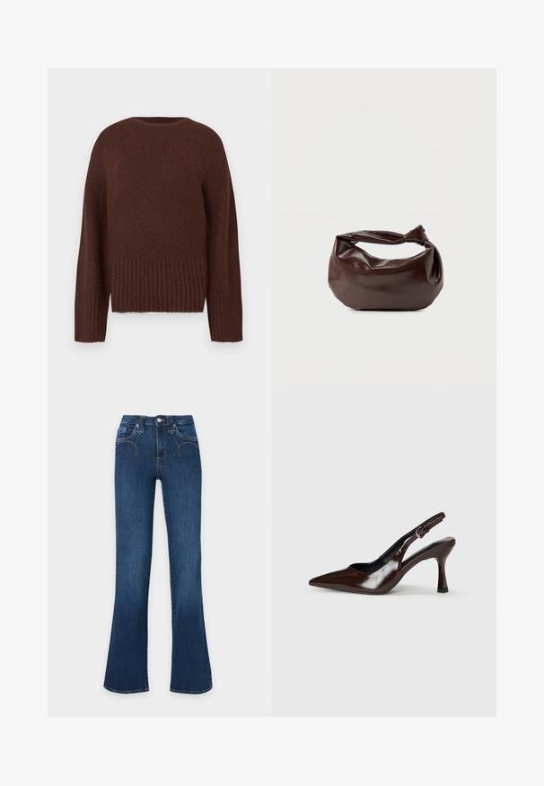 Pull en maille marron avec un ourlet et des manches côtelés. Il possède un col rond et une finition texturée. Design à coupe régulière.; Jean en denim bleu foncé à taille haute, bouton et fermeture éclair devant, jambes évasées.; Talons slingback en cuir verni brun avec un bout pointu, un talon fin, et une sangle réglable avec une petite boucle.; Sac bandoulière en cuir marron foncé avec une forme souple et décontractée et une anse nouée torsadée sur un fond blanc uni.