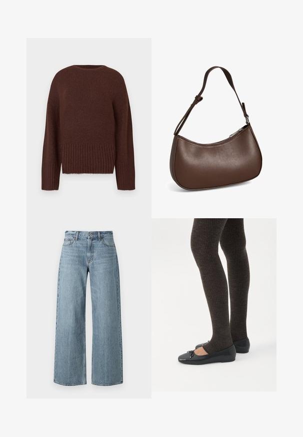 Pull en maille marron avec un ourlet et des manches côtelés. Il possède un col rond et une finition texturée. Design à coupe régulière.; Jean large en denim bleu clair à taille haute, avec une texture délavée, cinq poches et une fermeture à bouton à l'avant.; Jambes portant des leggings côtelés foncés associés à des ballerines noires avec de petits détails en nœud sur fond blanc.; Petit sac bandoulière en cuir marron avec sangle réglable et fermeture éclair, présenté sur fond blanc. Aucun logo ou décoration visible.