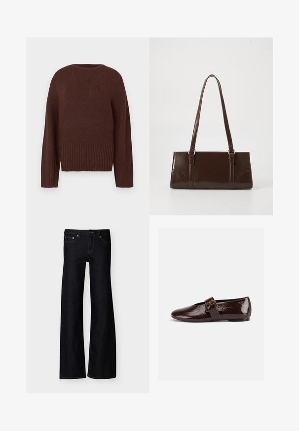 Pull en maille marron avec un ourlet et des manches côtelés. Il possède un col rond et une finition texturée. Design à coupe régulière.; Jean denim noir à jambes larges avec poches avant, fermeture par bouton, et coutures apparentes, présenté sur un fond blanc uni.; Chaussure plate en cuir verni marron foncé avec une large bride à boucle dorée et un bout arrondi, présentée de profil sur fond blanc.; Sac à main en cuir verni marron de forme rectangulaire, avec deux longues poignées et des accents courbés subtils à l'avant.