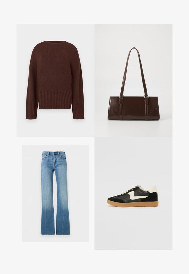 Pull en maille marron avec un ourlet et des manches côtelés. Il possède un col rond et une finition texturée. Design à coupe régulière.; Jean en denim bleu clair avec une taille haute et des jambes évasées, doté de poches avant et d'une fermeture à boutons.; Baskets en daim et cuir noir avec un swoosh latéral crème et un talon crème clair. Dotées de lacets beige et d'une semelle en caoutchouc gomme.; Sac à main en cuir verni marron de forme rectangulaire, avec deux longues poignées et des accents courbés subtils à l'avant.