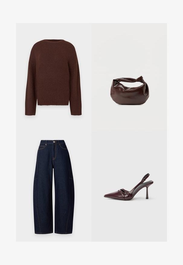 Pull en maille marron avec un ourlet et des manches côtelés. Il possède un col rond et une finition texturée. Design à coupe régulière.; Pantalons en denim bleu foncé à jambes larges avec des coutures orange contrastantes, cinq poches, et une fermeture à bouton et fermeture éclair à la taille.; Escarpin slingback en cuir verni bordeaux avec bout pointu, fine bride à la cheville et petit détail décoratif de boucle. Texture lisse et talon haut.; Sac bandoulière en cuir marron foncé avec une forme souple et décontractée et une anse nouée torsadée sur un fond blanc uni.