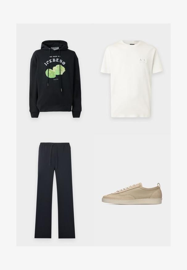 Zwart hoodie met trekkoord en voorop een grafisch ontwerp van een groene ijsbergsla. Bevat bedrukt tekst: "DE SMAAK VAN IJSSLA" en "Sinds 1974."; Witte katoen T-shirt met een ronde halslijn en korte mouwen, voorzien van een klein rechthoekig logopatch in de linker bovenhoek.; Zwarte rechte broek met elastische tailleband en verstelbaar trekkoord, voorzien van zijritszakken.; Beige lage sneaker met bovenwerk van stof en suède, witte veters, rubberen zool en een lus aan de hiel, afgebeeld in zijaanzicht op een witte achtergrond.