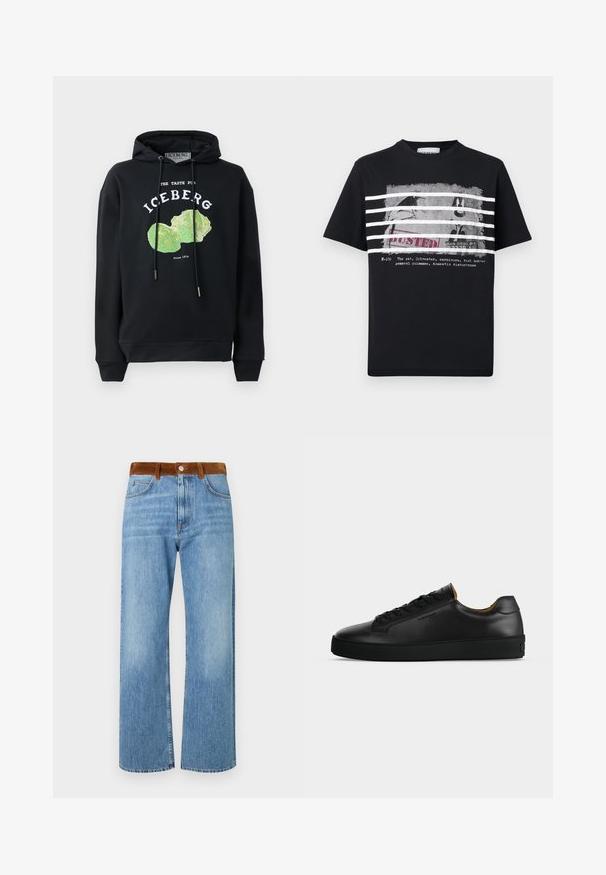 Sort hættebluse med snore og frontgrafik af et grønt salatdesign. Har trykte tekster: "SMAGEN FOR ISBERG" og "Siden 1974."; Sort t-shirt med hvide striber over en sort-hvid grafik af tegneseriefiguren Sylvester bag tremmer, med teksten "BUSTED" og tekst nedenunder.; Lys blå denim jeans med en lige ben-design, der har en brun ruskindslinning, frontlommer og lynlåslukning.; Sort lavtopet læder-sneaker med sorte snørebånd, tekstureret gummisål og lille præget logo på siden, vist i profil mod grå baggrund.