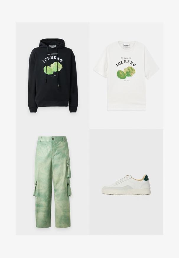 Zwart hoodie met trekkoord en voorop een grafisch ontwerp van een groene ijsbergsla. Bevat bedrukt tekst: "DE SMAAK VAN IJSSLA" en "Sinds 1974."; Witte katoenen T-shirt met een afbeelding van ijsbergsla, met zwarte tekst "DE SMAAK VOOR IJSBERG" en "Sinds 1974."; Les Benjamins VINTAGE PANT - Leren broek - army green; Witte sneaker met suède accenten, ronde neus, platte veters en een crème rubberen zool. Bevat groene branding op de hiel.