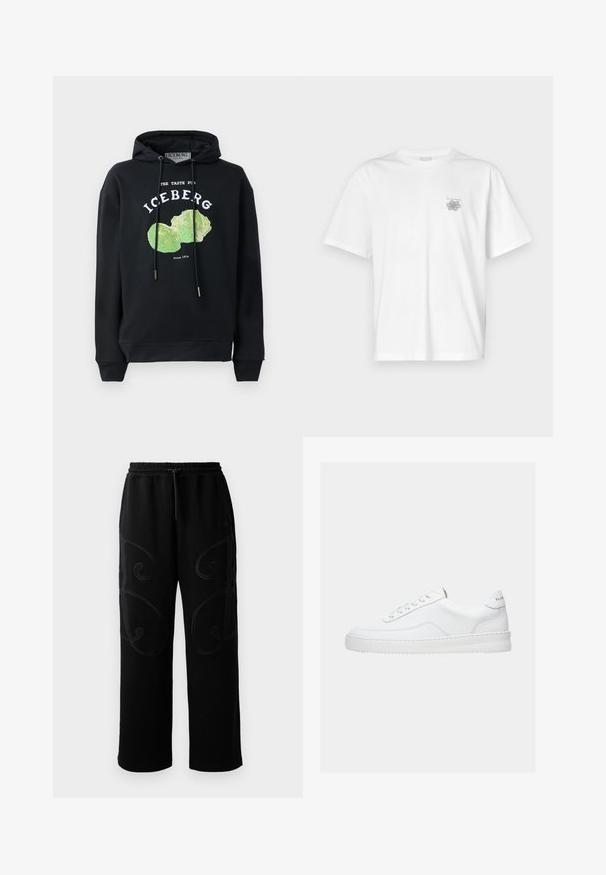 Sort hættebluse med snore og frontgrafik af et grønt salatdesign. Har trykte tekster: "SMAGEN FOR ISBERG" og "Siden 1974."; Hvid t-shirt lavet af bomuld med korte ærmer, rund halsudskæring og et lille gråt logo på venstre brystområde. Glat tekstur.; Sorte joggingbukser med en afslappet pasform, der har intrikate spiralmønstre i syningerne langs siderne samt en elastisk talje med snoretræk.; Hvid lavt sneaker med snørelukning, glat læderoverdel og tyk sål, vist fra siden på en ensfarvet baggrund.