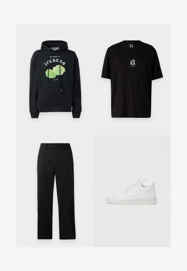 Sort hættebluse med snore og frontgrafik af et grønt salatdesign. Har trykte tekster: "SMAGEN FOR ISBERG" og "Siden 1974."; Sort bomulds T-shirt med korte ærmer, rund halsudskæring og et lille hvidt logo "A|X" centreret på brystet.; Sorte bukser lavet af et glat stof, med flad front, to forlommer og lige ben med diskrete syninger detaljer.; Hvid lædersneaker med rundet tå, flad sål og snørebånd foran. Har syningsdetaljer og polstret krave for komfort.