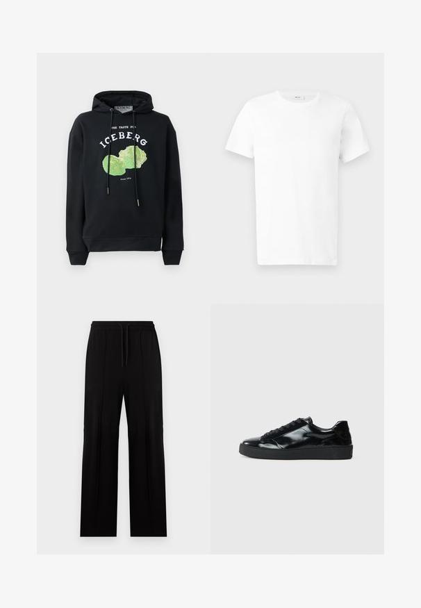 Sort hættebluse med snore og frontgrafik af et grønt salatdesign. Har trykte tekster: "SMAGEN FOR ISBERG" og "Siden 1974."; Hvid kortærmet bomulds-T-shirt med rund hals, vist fladt på en lys grå baggrund.; Sorte bukser med lige ben, elastisk talje og snøre, med lodrette sømdetaljer på forsiden.; Sorte laklæder sneakers med rund tå, snørredesign, tekstureret gummisål og en glat overflade.