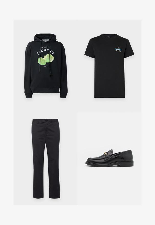 Zwart hoodie met trekkoord en voorop een grafisch ontwerp van een groene ijsbergsla. Bevat bedrukt tekst: "DE SMAAK VAN IJSSLA" en "Sinds 1974."; Zwarte korte mouwen t-shirt gemaakt van katoen, met een kleine driehoekige graphic met bergen en tekst in wit en blauw op de borst.; Zwarte katoenen broek met een recht pijpdesign, voorzien van een knoopsluiting en riemlussen. Soepele textuur, geen zichtbare patronen of accenten.; Zwarte leren instappers met een ronde neus, voorzien van een gouden hardware accent en stikdetails, geplaatst op een lage, getextureerde rubberen zool.