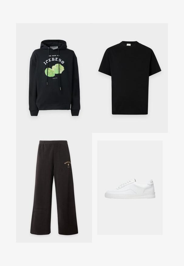 Zwart hoodie met trekkoord en voorop een grafisch ontwerp van een groene ijsbergsla. Bevat bedrukt tekst: "DE SMAAK VAN IJSSLA" en "Sinds 1974."; Zwarte katoen t-shirt met ronde hals, korte mouwen en rechte snit. Geen zichtbare patronen of hardwaredetails.; Zwarte broek met wijde pijpen, elastische tailleband en klein gouden "Margiela 6" logo op de bovenste linkerdij.; Witte lage sneaker met vetersluiting, glad leren bovenwerk en dikke zool, gezien vanuit de zijkant tegen een effen achtergrond.