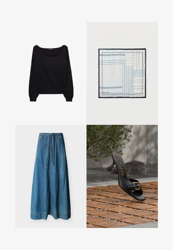 Pull en maille noir avec un large col bateau, des manches longues et un ourlet ajusté. Le tissu a une texture douce et une coupe décontractée.; Longue jupe en jean bleu avec taille haute et ceinture attachée, suspendue droite sur fond blanc.; Mule noire à talon haut avec boucle dorée et logo "GUESS" à l'intérieur, posée sur un sol carrelé extérieur texturé avec un arrière-plan flou de verdure.; Écharpe en soie avec un patchwork géométrique bleu clair, blanc et noir présentant divers motifs de lignes horizontales et verticales et une bordure noire.