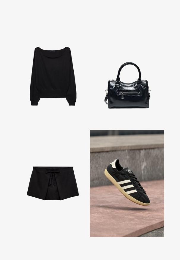 Sort strikket sweater med en bred bådudskæring, lange ærmer og en tætsiddende kant. Stoffet har en blød tekstur og en afslappet pasform.; Sort mini nederdel i omslagsstil med frontfælde detaljer og en lille bundet sløjfe ved taljen.; Sort Adidas sneaker med hvide striber og beige sål, fanget i luften over en stenet overflade og baggrund af en stenmur.; Sort skinnende læderhåndtaske med to håndtag, lynlåslomme foran og aftagelig skulderrem på hvid baggrund.