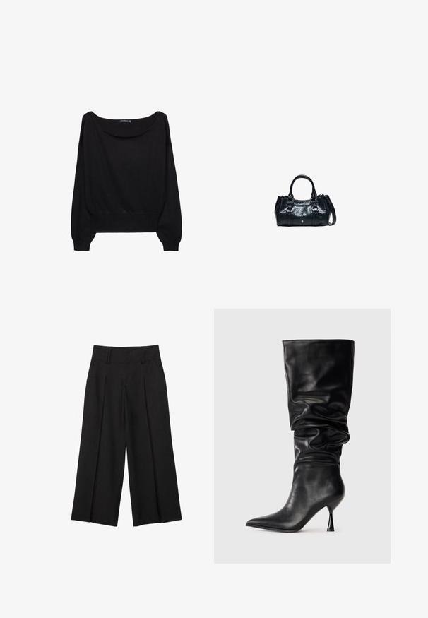 Pull en maille noir avec un large col bateau, des manches longues et un ourlet ajusté. Le tissu a une texture douce et une coupe décontractée.; Pantalon noir large et raccourci avec passants de ceinture et plis à l'avant, confectionné dans un tissu lisse pour un look élégant et ajusté.; Botte noire en cuir, hauteur genou, avec un design ample, bout pointu et talon aiguille fin, présentant une texture lisse et des accents minimaux.; Sac à main en cuir noir avec deux poignées supérieures, boucles décoratives et une bandoulière amovible sur fond blanc.