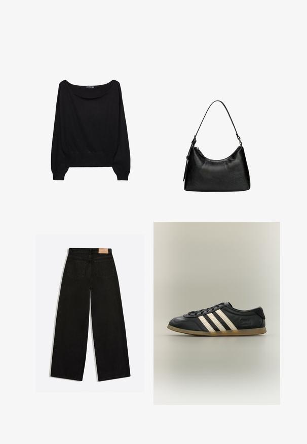 Pull en maille noir avec un large col bateau, des manches longues et un ourlet ajusté. Le tissu a une texture douce et une coupe décontractée.; Jean noir à jambes larges vu de dos, avec deux poches arrière et un patch de marque en cuir marron à la ceinture.; Baskets Adidas Gazelle noires avec des bandes blanches, des lacets noirs et une semelle marron clair, vues de profil sur un fond neutre.; Sac à main noir en simili cuir avec une forme incurvée, poignée courte, fermeture éclair et un motif texturé subtil sur la surface.