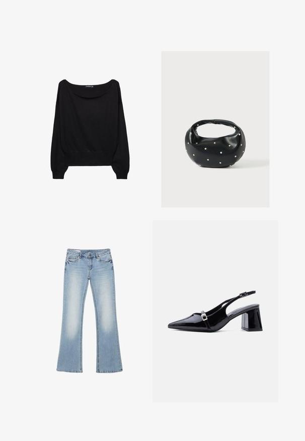 Sort strikket sweater med en bred bådudskæring, lange ærmer og en tætsiddende kant. Stoffet har en blød tekstur og en afslappet pasform.; Lyseblå denimjeans med falmet front, fem-lommer-design, knaplukning og let udvidede ben.; Sort laklæder slingback-hæl med spids tå, lav blokhæl og to små sølvspænder på stropperne.; Sort læderhåndtaske med en rundet form, dekoreret med sølvnitter, og et kort håndtag. Glat tekstur og lynlåslukning.