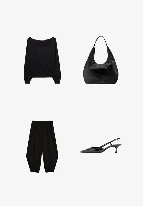 Sort strikket sweater med en bred bådudskæring, lange ærmer og en tætsiddende kant. Stoffet har en blød tekstur og en afslappet pasform.; Sorte vidde bukser med plisseringer, bæltestropper og elastiske manchetter ved anklerne på hvid baggrund.; Sort laklæder peep toe slingback kitten heel sko med tynd ankelrem og guld spænde.; Sort læder slouchy hobo-håndtaske med en enkelt bred rem og en lynlåsdetalje på en ensfarvet hvid baggrund.
