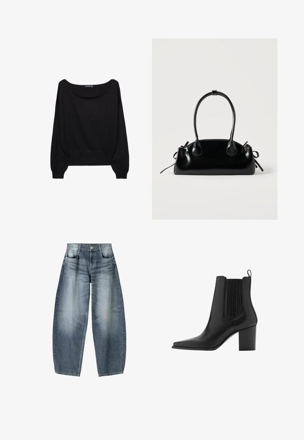 Sort strikket sweater med en bred bådudskæring, lange ærmer og en tætsiddende kant. Stoffet har en blød tekstur og en afslappet pasform.; Bredde jeans lavet af lyseblå denim med falmning, der har et fem-lomme design, knaplukning og minimale syninger.; Sort læderstøvle til anklen med spids snude, blokhælk, trækflig og elastiske sidepaneler for nem påtagning.; Lille sort blank håndtaske med to lange håndtag og snøre-detaljer i siden på en ensfarvet lys baggrund.