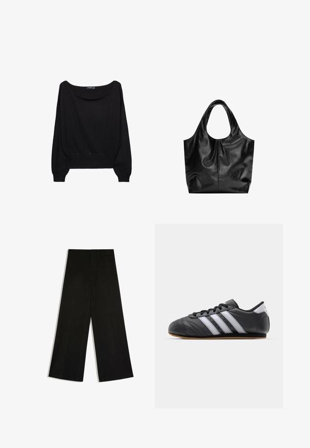 Pull en maille noir avec un large col bateau, des manches longues et un ourlet ajusté. Le tissu a une texture douce et une coupe décontractée.; Pantalon noir à jambes larges avec passants de ceinture, fermeture devant par bouton et zip, posé à plat sur fond blanc.; Baskets de sport en cuir noir avec des rayures blanches, bout rond, semelle plate et fermeture à lacets. Comprend des perforations pour la respirabilité.; Sac fourre-tout en cuir noir avec une texture lisse, un haut arrondi doux et de larges poignées. Présente une couture minimale et une silhouette décontractée.