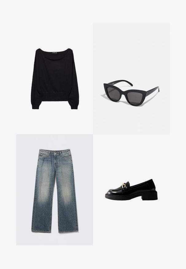 Sort strikket sweater med en bred bådudskæring, lange ærmer og en tætsiddende kant. Stoffet har en blød tekstur og en afslappet pasform.; Lyseblå, brede jeans i denim. Udblegede områder på lår og knæ. Standardtalje med fem lommer og metaldetaljer.; Sorte laklæder loafers med guldfarvet hardwaredetalje, rundet tå og kraftig sål. Glat tekstur med markante syninger.; Sorte cat-eye solbriller med mat finish, der har grå tonede linser, skarpe vinkler og slanke sidearme. Mærkenavnet er synligt på den indre arm.