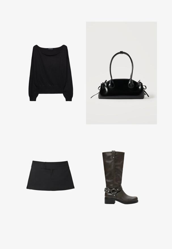 Sort strikket sweater med en bred bådudskæring, lange ærmer og en tætsiddende kant. Stoffet har en blød tekstur og en afslappet pasform.; Sort kort nederdel med bredt linning og enkle sømdetaljer, lagt fladt på en hvid baggrund.; Mørkebrun læderstøvle til midt på læggen med lav blokhæl og dekorativ rem med sølvspænde omkring anklen.; Lille sort blank håndtaske med to lange håndtag og snøre-detaljer i siden på en ensfarvet lys baggrund.