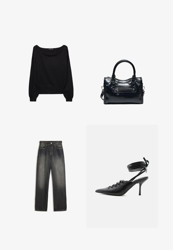 Sort strikket sweater med en bred bådudskæring, lange ærmer og en tætsiddende kant. Stoffet har en blød tekstur og en afslappet pasform.; Mørk vask denim jeans med en afslappet pasform, der har lige ben, synlige sømme og en falmet gradient effekt på forsiden.; Sort spids sko med høje hæle, snørelukning foran og omlægning omkring anklerne bundet med sløjfe, vist fra siden på hvid baggrund.; Sort skinnende læderhåndtaske med to håndtag, lynlåslomme foran og aftagelig skulderrem på hvid baggrund.
