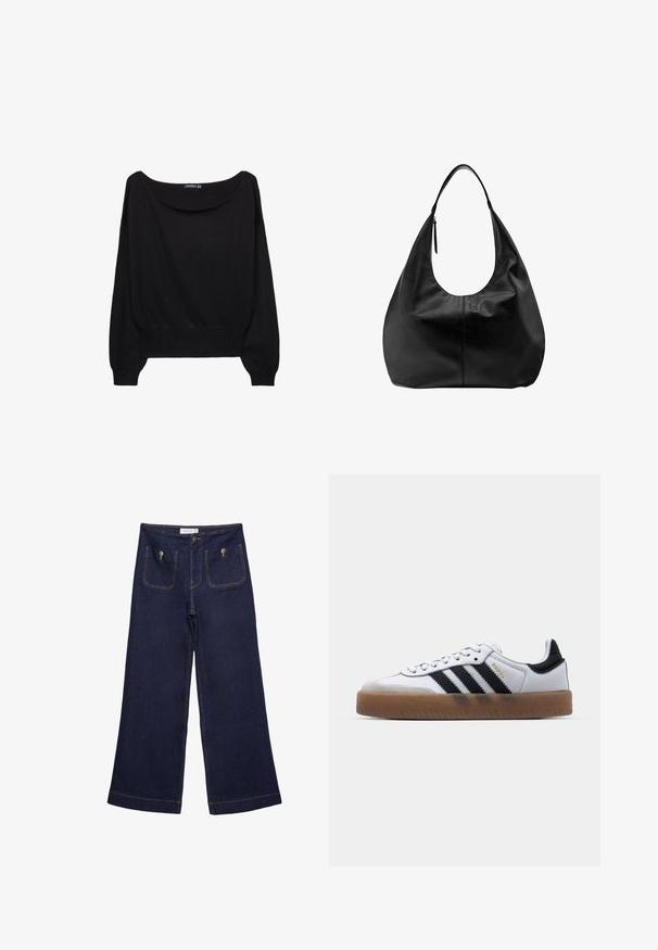 Sort strikket sweater med en bred bådudskæring, lange ærmer og en tætsiddende kant. Stoffet har en blød tekstur og en afslappet pasform.; Mørkeblå vidde jeansbukser med høj talje, forlommer med metalknapper og synlige syninger.; Hvide lædersneakers med sorte striber, gummirubber sål, rund tå, snørelukning og blød grå ruskinds tåhætte.; Sort læder slouchy hobo-håndtaske med en enkelt bred rem og en lynlåsdetalje på en ensfarvet hvid baggrund.