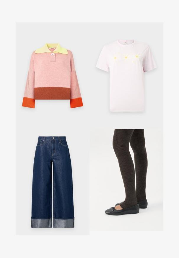 Pull en tricot à manches longues avec col jaune, partie supérieure rose, section médiane marron et poignets orange, avec un bouton rose au col.; T-shirt rose clair à manches courtes avec un imprimé devant de trois marguerites blanches au centre jaune et de petits points jaunes.; Jean large en denim bleu foncé à taille haute, design à cinq poches, et revers pliés dévoilant le tissu intérieur plus clair.; Jambes portant des leggings côtelés foncés associés à des ballerines noires avec de petits détails en nœud sur fond blanc.