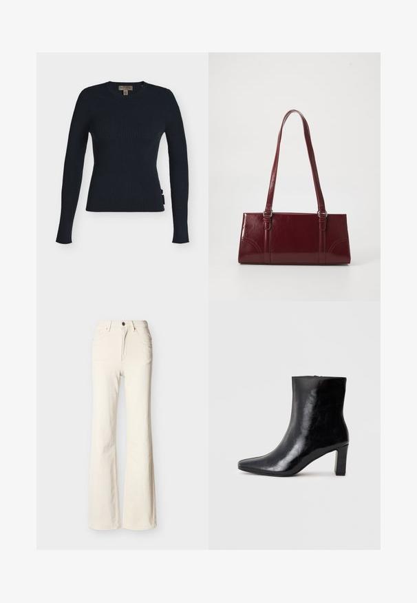 Pull tricoté bleu marine à côtes, manches longues, col rond et silhouette ajustée, avec une petite étiquette sur le côté et une étiquette Marc O’Polo à l’intérieur du col.; Jean taille haute couleur blanc cassé avec bouton à l'avant, fermeture éclair, poches avant et arrière, et coupe légèrement évasée au niveau des jambes.; Bottine noire en cuir brillant, avec un bout pointu et un talon carré moyen, présentant une texture lisse et un design simple.; Sac à main bordeaux en matériau brillant, de forme rectangulaire, avec deux anses et des accents légèrement courbés à l'avant.