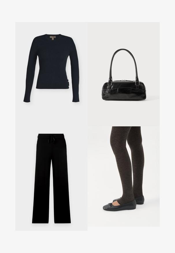 Pull tricoté bleu marine à côtes, manches longues, col rond et silhouette ajustée, avec une petite étiquette sur le côté et une étiquette Marc O’Polo à l’intérieur du col.; Pantalon noir à jambes larges avec taille élastique et cordon ajustable, présenté sur un fond clair uni.; Jambes portant des leggings côtelés foncés associés à des ballerines noires avec de petits détails en nœud sur fond blanc.; Sac à main en cuir noir de forme rectangulaire, doté d'une seule ansse structurée, de quincaillerie argentée et d'une fermeture éclair. Texture lisse.