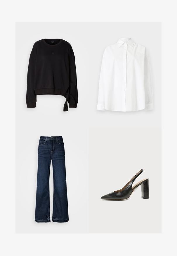 Sweatshirt noir cropped en tissu doux avec un col rond, des manches longues et un détail de nouage sur le côté pour une touche de design. Logo subtil sur la poitrine.; Chemise blanche à boutons en coton, avec un col classique, des manches longues et une broderie en forme de cœur subtile sur le côté supérieur gauche.; Jean taille haute à jambes larges en denim foncé. Caractéristiques : ourlets effilochés et design à cinq poches avec surpiqûres visibles.; Chaussure slingback en cuir noir à bout pointu avec un talon bloc haut et une doublure intérieure beige sur un fond clair uni.