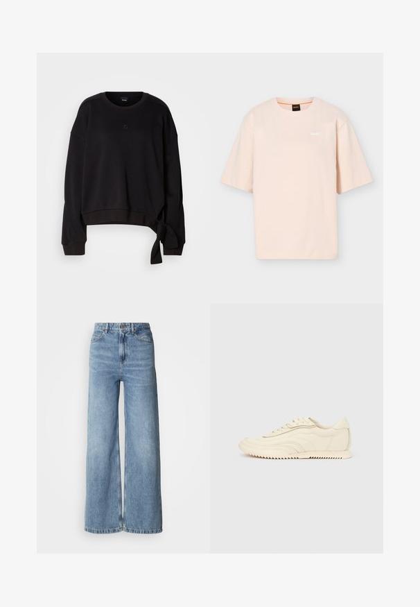 Sort cropped sweatshirt lavet af blødt stof med rund halsudskæring, lange ærmer og en sidesnor detalje for ekstra design. Subtilt logo på brystet.; Lys beige T-shirt med korte ærmer og rund hals, med lille hvid "BOSS"-logo på venstre bryst og sort nakkemærke med orange detalje.; Lyseblå jeans med vide ben lavet af denim, med høj talje, fem-lomme-design og rå kanter. Glat tekstur med en falmet finish.; Lavprofileret sneaker i cremefarve med bølget syning, snørebånd og en rilleret sål, vist fra siden på en ensfarvet baggrund.