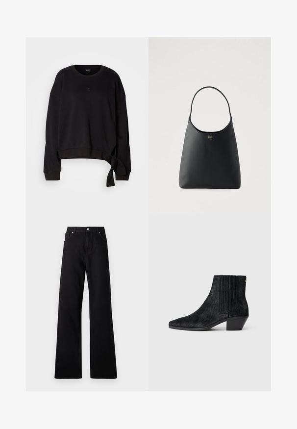 Zwarte cropped sweatshirt gemaakt van zachte stof met een ronde halslijn, lange mouwen en een zijstrikdetail voor extra design. Subtiele logo op de borst.; Zwarte wide-leg jeans van denim met een vijf-pockets ontwerp, voorste knoopsluiting en subtiele stikdetails.; Zwarte enkelboot met een spitse neus, textuur die lijkt op haar, ribbelpaneel aan de zijkant en een lage blokhak. Eenvoudig en modern ontwerp.; Zwarte leren handtas met een enkele gebogen handgreep, gladde textuur en een subtiel logo aan de voorkant. Minimalistisch ontwerp en ruime binnenkant.