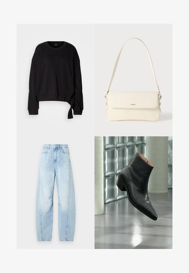 Sort cropped sweatshirt lavet af blødt stof med rund halsudskæring, lange ærmer og en sidesnor detalje for ekstra design. Subtilt logo på brystet.; Lys blå denim bredbenede jeans med høj talje, med knaplukning, forlommer og subtil falming.; Sort læderankelstøvle med spids tå og blokhæl, der svæver over en reflekterende grå gulv nær en væg af glasblokke.; Cremefarvet læder skuldertaske med flaplukning, sølvfarvet beslag, en enkelt justerbar rem og diskrete logodetaljer.