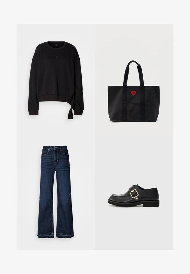 Sort cropped sweatshirt lavet af blødt stof med rund halsudskæring, lange ærmer og en sidesnor detalje for ekstra design. Subtilt logo på brystet.; Højtaljede, vide jeans lavet af mørkt denim. Modellen har frynsete kanter og et femlomme-design med synlige sømme.; Sort lædersko med rund tå, udstyret med en guldbuckle og en flad gummisål. Glat tekstur med diskrete syningsdetaljer.; Sort tote taske med to håndtag og et lille rødt hjerte-logo med teksten "HUGO" i midten foran.