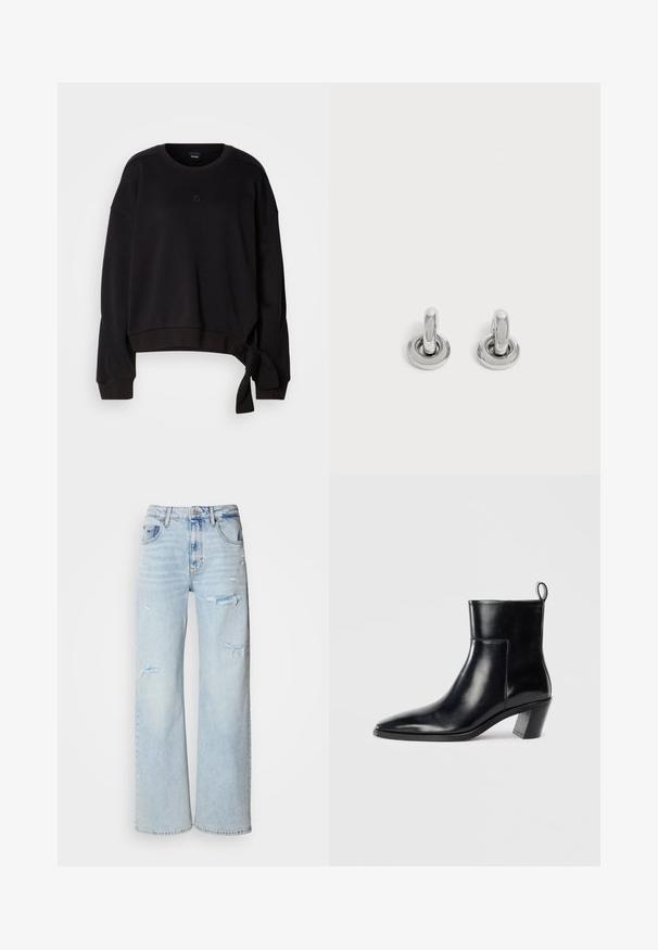 Zwarte cropped sweatshirt gemaakt van zachte stof met een ronde halslijn, lange mouwen en een zijstrikdetail voor extra design. Subtiele logo op de borst.; Lichtblauwe denim wijdere jeans met verwering, voorzien van een hoge taille, vijf zakken en onafgewerkte zoomranden.; Zwarte leren enkelboot met een spitse neus, een geometrische gestapelde hak en een trekband aan de achterkant. Gladde textuur en slank ontwerp.; Een paar kleine, glanzende zilveren creolen met een ronde basis, afgebeeld op een effen lichte achtergrond.
