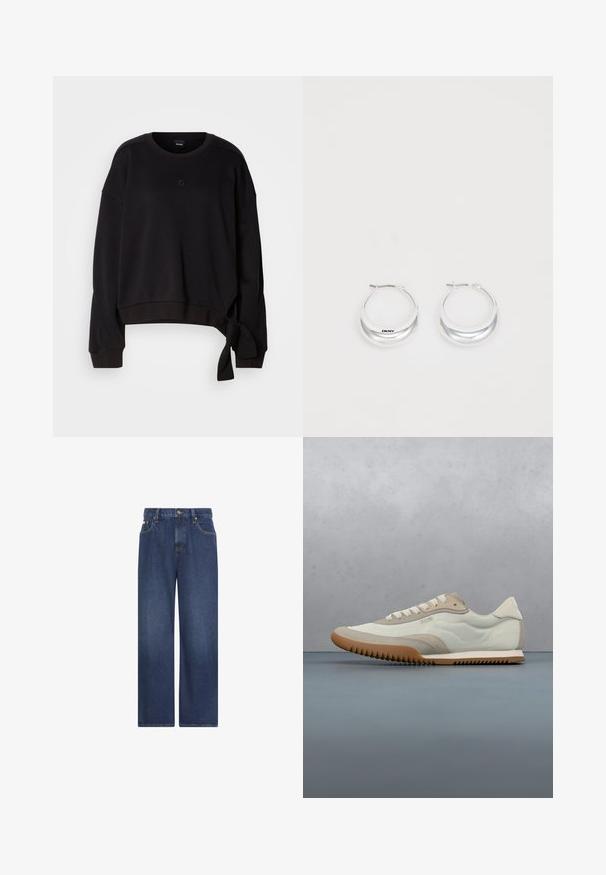 Sort cropped sweatshirt lavet af blødt stof med rund halsudskæring, lange ærmer og en sidesnor detalje for ekstra design. Subtilt logo på brystet.; Mørkeblå vidde jeans med frontlommer, bæltestropper og knaplukning ved taljen mod en hvid baggrund.; Hvide og beige sneakers med en glat overdel og suede detaljer, en tekstureret sål og tonet syninger. Snørelukning med logo detalje.; Sølv hoops øreringe med en poleret overflade og DKNY branding, præsenteret mod en simpel hvid baggrund.
