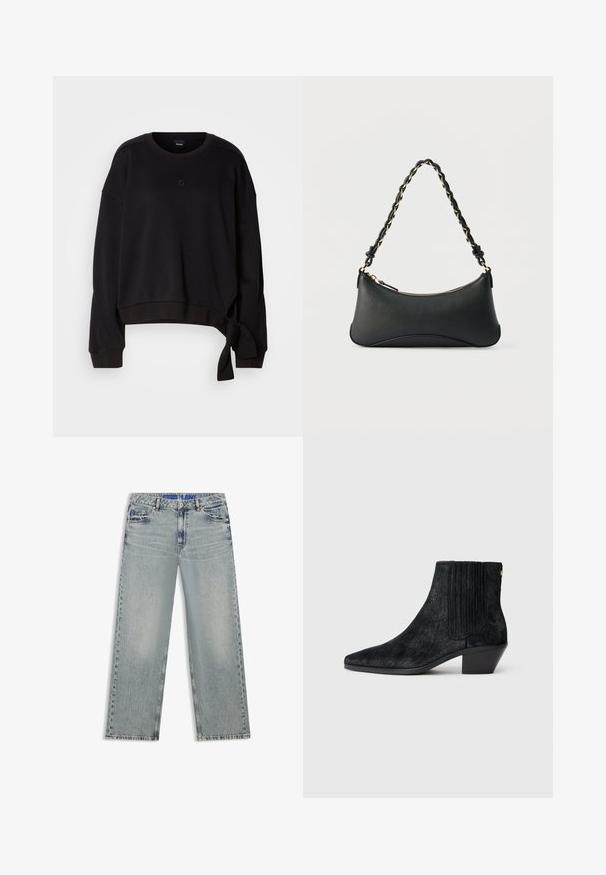 Sort cropped sweatshirt lavet af blødt stof med rund halsudskæring, lange ærmer og en sidesnor detalje for ekstra design. Subtilt logo på brystet.; Lyseblå jeans med vide ben lavet af denim, med udvaskede områder, fem lommer og en blå mærket taljebånd.; Sort ankelstøvle med spidse tæer, tekstureret håragtigt materiale, ribbet sidepanel og en lav, firkantet hæl. Simpelt og moderne design.; Sort skuldertaske i læder med en buet rektangulær form, gyldent kæde vævet ind i en flettet sort rem og toplynlås.