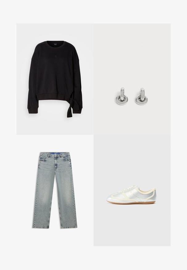 Schwarzer, kurzer Sweatshirt aus weichem Stoff mit rundem Ausschnitt, langen Ärmeln und einem seitlichen Bindeband für ein zusätzliches Design-Detail. Dezentes Logo auf der Brust.; Hellblaue Jeans mit weitem Bein aus Denim, mit ausgewaschenen Stellen, fünf Taschen und einem blauen, gebrandeten Taillenbund.; Silberne, synthetische Sneaker mit cremefarbenen Akzenten, flachem Profil, rundem Zehenbereich und flacher Gummisohle; verfügt über klassische Nahtdetails und Schnürverschluss.; Paar kleine, glänzende silberne Creolen mit rundem Sockel, auf einfachem hellem Hintergrund präsentiert.