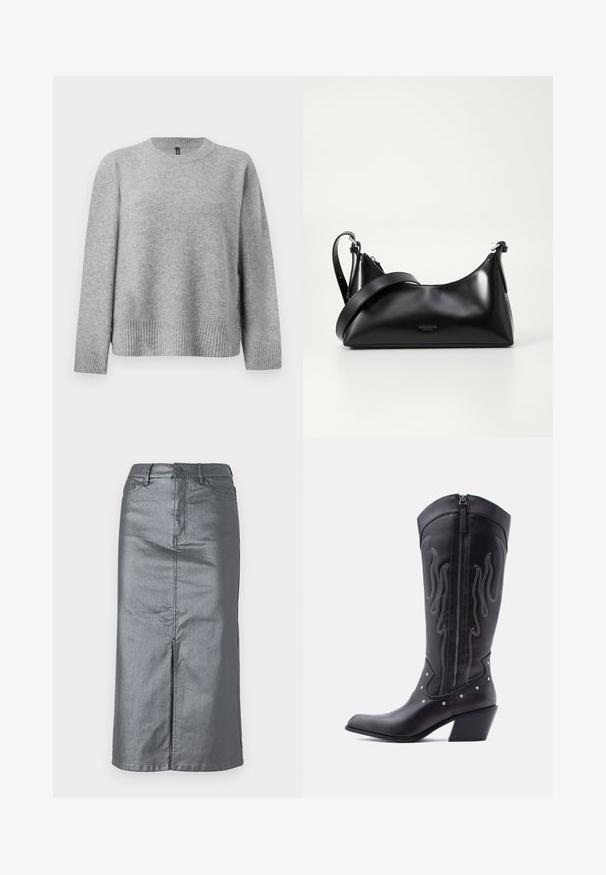 Pull en tricot gris avec un col rond, un ourlet côtelé et des boutons sur les côtés pour une touche de détail. Texture douce et coupe décontractée.; Jupe en jean gris métallique avec une forme droite, fente avant, design à cinq poches et fermeture à bouton à la taille. Les coutures plates sont visibles.; Bottes de cow-boy en cuir noir avec bout pointu, coutures apparentes, ornements à clous argentés et fermeture éclair sur le côté intérieur.; Sac à main en cuir noir avec une texture lisse. Dispose d'une bandoulière adjustable et d'un design élégant et minimaliste avec une fermeture éclair.