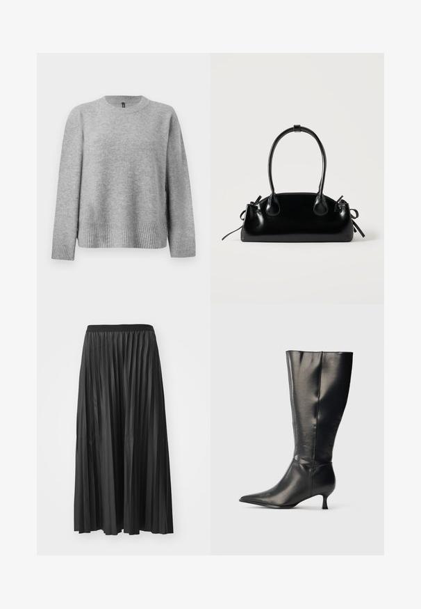 Pull en tricot gris avec un col rond, un ourlet côtelé et des boutons sur les côtés pour une touche de détail. Texture douce et coupe décontractée.; Jupe maxi plissée noire avec une texture lisse et une taille élastique, dotée de plis verticaux qui créent du volume et du mouvement.; Botte en cuir noire montant jusqu'au genou, avec un bout pointu et un petit talon bas, présentée sur un fond clair uni.; Petit sac à main noir brillant avec deux longues anses et des détails à cordon sur les côtés sur un fond clair uni.