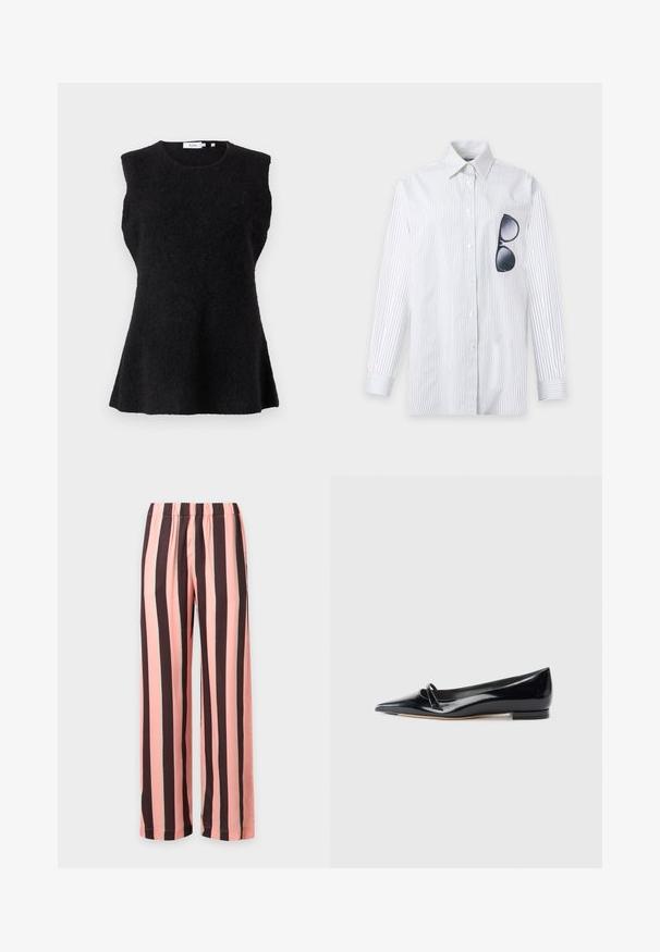 Haut noir sans manches en tissu doux et texturé. Dispose d'un col rond et d'une silhouette évasée, offrant une coupe décontractée.; Chemise blanche à manches longues avec de fines rayures noires verticales et des lunettes de soleil noires accrochées dans la poche poitrine gauche.; Pantalon ample avec larges rayures verticales rose et marron foncé, avec une ceinture élastique.; Chaussure plate en cuir verni noir avec un bout pointu, une petite lanière décorative et un petit talon carré. Texture lisse et design épuré.