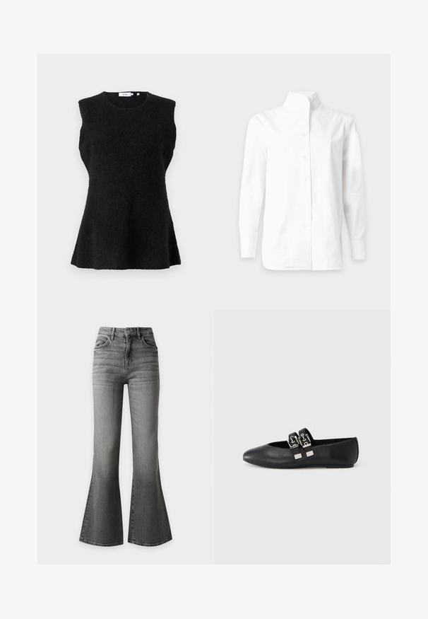 Haut noir sans manches en tissu doux et texturé. Dispose d'un col rond et d'une silhouette évasée, offrant une coupe décontractée.; Chemise blanche à manches longues avec boutons et col montant, présentée à plat sur un fond gris clair.; Jeans en denim gris taille haute avec une coupe évasée et un léger effet délavé sur l’avant des cuisses et des genoux.; Chaussure plate en cuir noir avec bout pointu et deux brides avec boucles argentées sur le dessus, photographiée sur un fond clair uni.