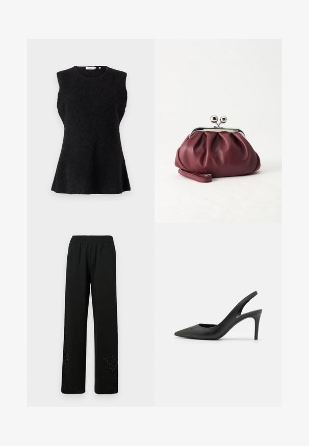 Haut noir sans manches en tissu doux et texturé. Dispose d'un col rond et d'une silhouette évasée, offrant une coupe décontractée.; Pantalons larges noirs en tissu doux, dotés d'une taille élastique et d'un design orné de clous décoratifs à l'ourlet.; Escarpins à talon aiguille en cuir noir, avec un design à bout pointu, présentant une découpure à l'avant et un talon fin.; Petit sac pochette en cuir bordeaux avec fermoir métallique argenté et bracelet sur fond blanc.