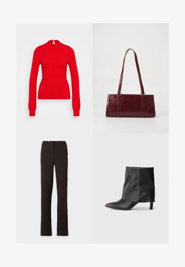 Pull à col roulé rouge côtelé avec des manches longues et une coupe ajustée. Le dos présente trois accents de boutons blancs au niveau du col.; Pantalon de costume noir à jambe droite avec passants de ceinture et fermeture éclair sur le devant, présenté sur un fond blanc uni. Aucun motif ni ornement visible.; Bottine noire en cuir lisse avec un bout pointu et un talon effilé. La tige présente un design légèrement froncé.; Sac à main bordeaux en matériau brillant, de forme rectangulaire, avec deux anses et des accents légèrement courbés à l'avant.